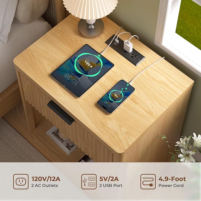 HOMMPA 22'' Fluted Nightstand Set of 2 with Charging Station, Modern Bedside Table w/Storage, Bedside End Table w/Open Compartment, Mid Century Modern Wood Night Stand for Bedroom, Living Room