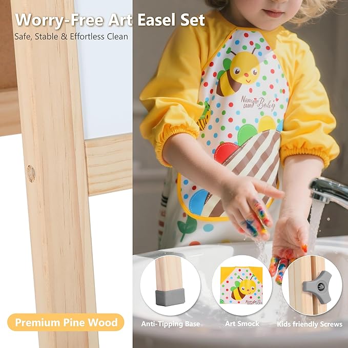 Kinder King 3 in 1 Wooden Kids Easel, Adjustable Double-Sided Art Easel for Kids, Magnetic Whiteboard & Chalkboard, Paper Roller, Art Supplies, Painting Drawing Easel Toddler Gift Ages 3+, Grey