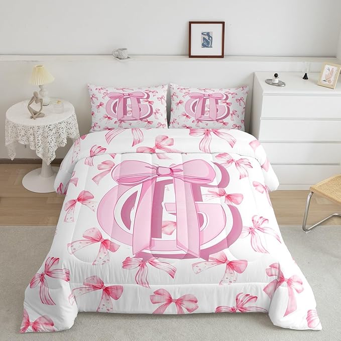 jejeloiu Kids Girls Cute Pink Bow Comforter Set Twin Size Monogrammed Bedding Set Ultra Soft Personalized Initial G Duvet Quilt Coquette Bow Knot Quilt Set Room Decor Modern Fashion Comforter