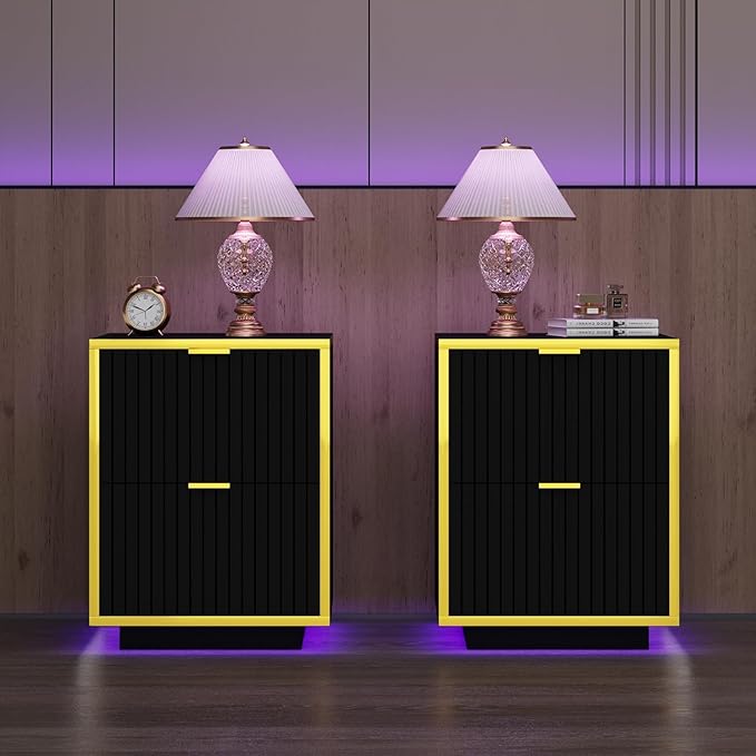Black Nightstand Set of 2 with LED Lights, Bedside Table with 2 Fluted Drawers, Modern End Table with Golden Handles, 18 Inch Night Stand with Storage for Bedroom, Set of 2, Black and Gold