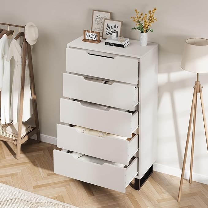 GarveeHome 5 Dresser for Bedroom, 50" Tall Dresser, Freestanding Vertical Drawer with Storage, Wooden Closet Chest Storage for Living Room, Hallway, Entryway, White