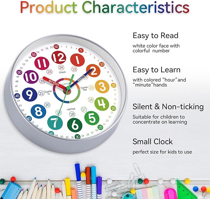 Learning Clock for Kids 14 Inch Large Learning to Tell Time Easily Colorful Teaching Time Clock Silent Non Ticking Battery Operated Decorative for Kids Room Classroom School Bedroom
