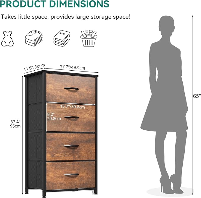 YITAHOME Dresser with 4 Drawers - Fabric Tower, Organizer Unit for Living Room, Closets - Sturdy Steel Frame, Easy Pull Fabric Bins & Wooden Top