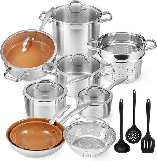 Duxtop 17PC Professional Stainless Steel Induction Cookware Set, Stainless Steel Ceramic Nonstick Pan Set, Impact-bonded Technology, FUSION Titanium Reinforced Ceramic Coating, Copper