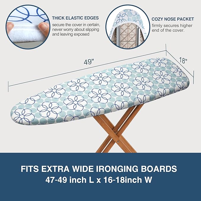 Extra Wide Ironing Board Cover and Pad,18X49 Reflective Silicone Ironing Board Cover,Resist Scorching and Staining,4 Fasteners,Elastic Edges,Large Protective Scorch Mesh Cloth