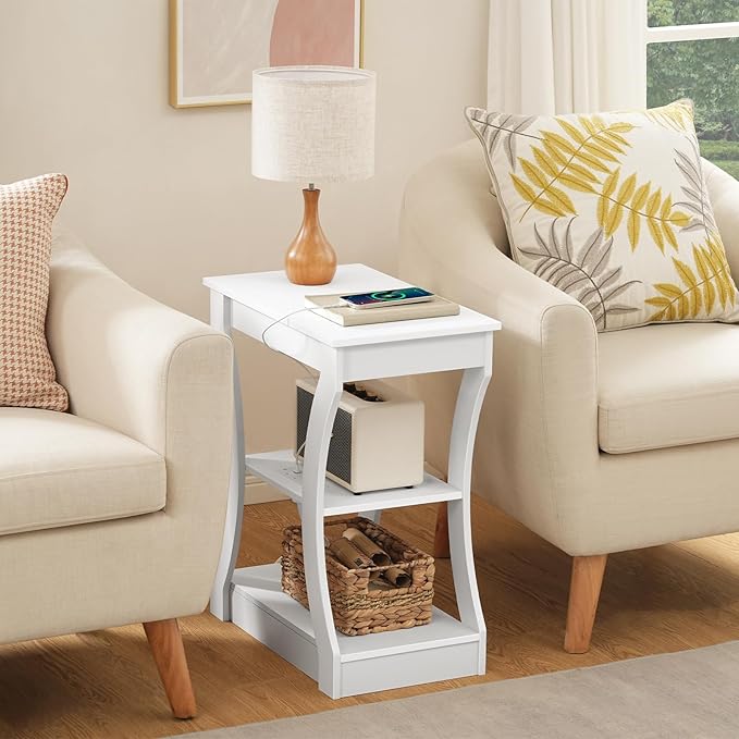 End Table with Charging Station, Set of 2, Side Table with USB Ports and Outlets, 3 Tier Nightstand with Storage Shelf for Small Spaces, Living Room, Bedroom, White ETWT53E01S2