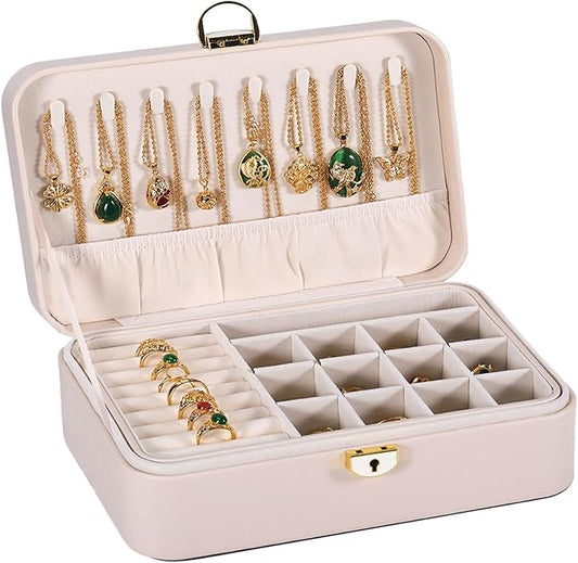 Travel Jewelry Case With Lock, 2-Layer PU Leather Jewelry Box for Women, Ring Box and Jewelry Organizer, Large Jewelry Travel Case,Best Gifts for Women for the Holidays(White)