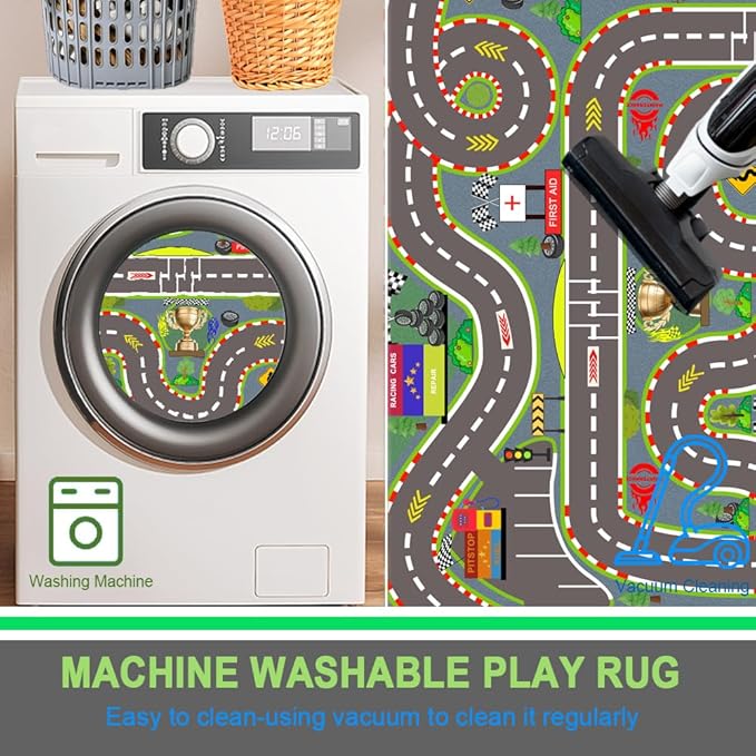 Kids Rug, Race Track Playmat Rugs 94×63 in Kids Carpet with Rubber Backing, Start and Finish line Racing Track Marking Car Road Race 3D Play Mat Nursery Rugs for Children Bedroom Playroom