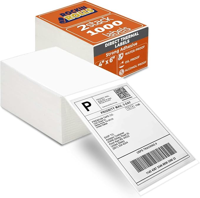 4x6 Thermal Labels (Total of 1000)- 2 Packs of 500 Fanfold Direct Thermal Shipping Labels. Thick, Commercial Grade, Waterproof, Smudge Proof Address & Mailing with Strong Adhesive & Perforated Sticker