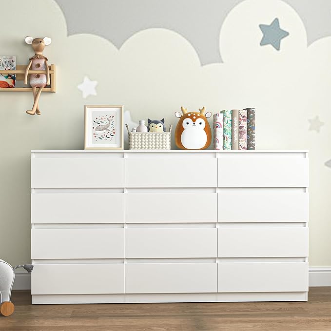 White Dresser for Bedroom,Modern Long 12 Drawer Dresser with Deep Drawer,Wood Storage Chest of Drawer, Bedroom Storage Organizer,TV Stand for Living Room