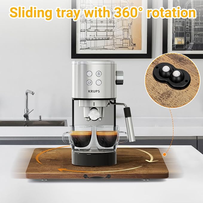 360° Rotatable Sliding Tray for Kitchen Appliances, Wooden Sliding Tray for Coffee Maker, Coffee Pot Slides for Countertop Installation, Easy to Slide (Brown, Small)