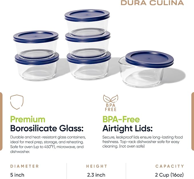 12-Piece Glass Food Storage Containers Set (6 Containers + 6 BPA-Free Lids) | 2-Cup, Leakproof | Microwave, Freezer, Oven & Dishwasher Safe | Ideal for Meal Prep & Pantry Organization