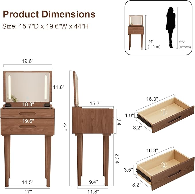 Solid Wood Small Vanity Desk with Mirror and Lights, Narrow Makeup Vanity for Small Space, Flip Top Vanity Side Table, 3 Color Modes & Adjustable Brightness, 19.6" Slim Dressing Table, Walnut