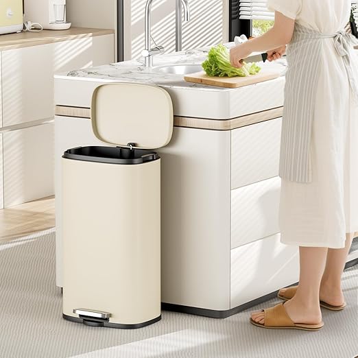 AthLike Trash Can, Stainless Steel Kitchen Garbage Can, Step Waste Bin with Hinged Lid and Removable Inner Bucket, Soft-Close, Dustbin for Bathroom Bedroom Living Room Home (Beige, 8 Gal)