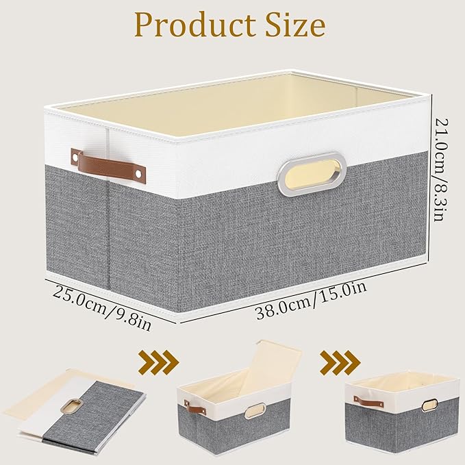 Yawinhe Foldable Storage Baskets for Shelves, Fabric Closet Organizers, Bins with 3 Handles, Cubes for Clothes, White/Grey, 15''Lx9.8''Wx8.3''H, 2-Pack