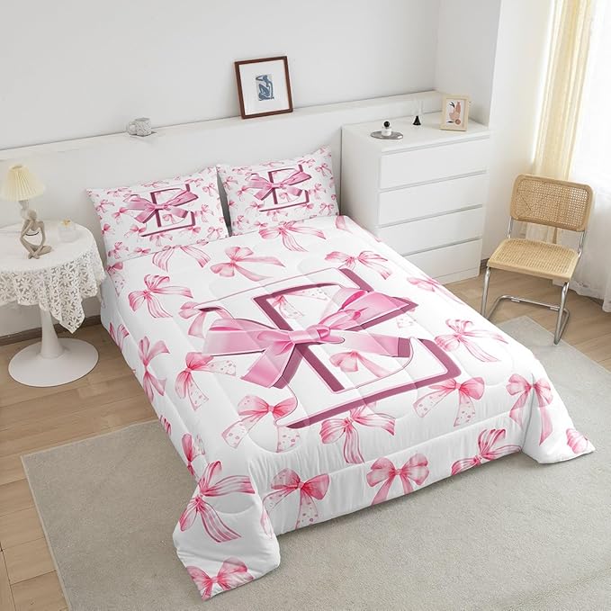 jejeloiu Kids Girls Cute Pink Bow Comforter Set Toddler Size Monogrammed Bedding Set Ultra Soft Personalized Initial E Duvet Quilt Coquette Bow Knot Quilt Set Room Decor Modern Fashion Comforter