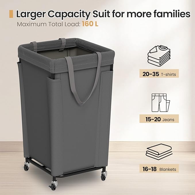 Laundry Basket with Wheels, Laundry Hamper with Removable Bag and Steel Frame, 160L Rolling Dirty Clothes Basket for Bedroom, Bathroom, Laundry Room (Gray)