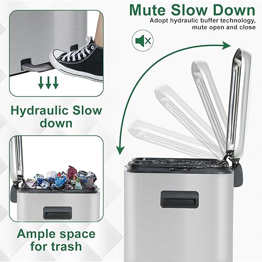 PayLessHere Stainless Steel Trash Can with Lid - Removable Inner Bucket, Foot Pedal, Soft Close for Office, Home, Kitchen - Garbage Bin (10 G)