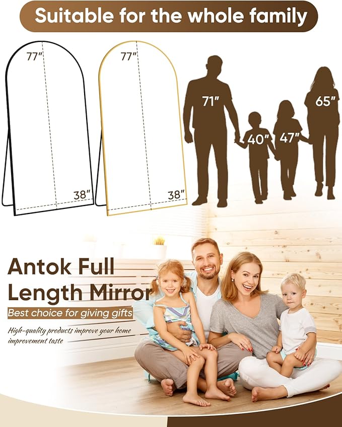 Antok Full Length Mirror, 78"x38" Floor Mirror with Stand, Hanging Mounted Mirrors for Bedroom, Living Room, Cloakroom, Dining Room, Gold, Arched