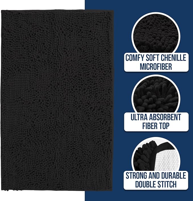 Muddy Mat Chenille Bathroom Rugs Quick Dry Microfiber Mats Non Slip Washable, Extra Thick, Soft and Highly Absorbent Bath Mats for Bathroom, Kitchen, and Shower Floor - Black Runner 59"X24"