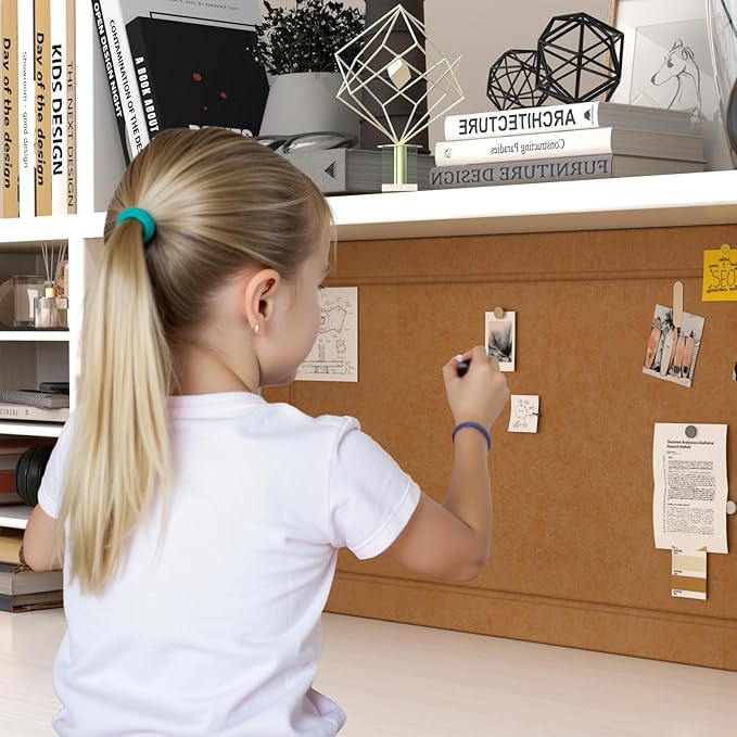 Wooden Kids Desk and Chair Set, 2 Drawers and 4 Storage Cabinets, Children Study Desk with Hutch and Shelves, Boys & Girls Study Desks for Kids Bedroom (White)