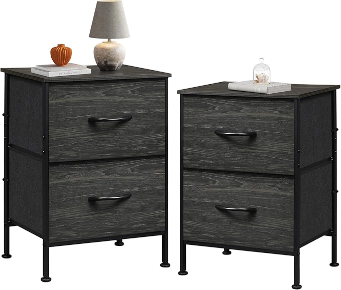 WLIVE Nightstand Set of 2, 2 Drawer Dresser for Bedroom, Small Dresser with 2 Drawers, Bedside Furniture, Night Stand, End Table for Bedroom, Dorm, Charcoal Black Wood Grain Print, Size L