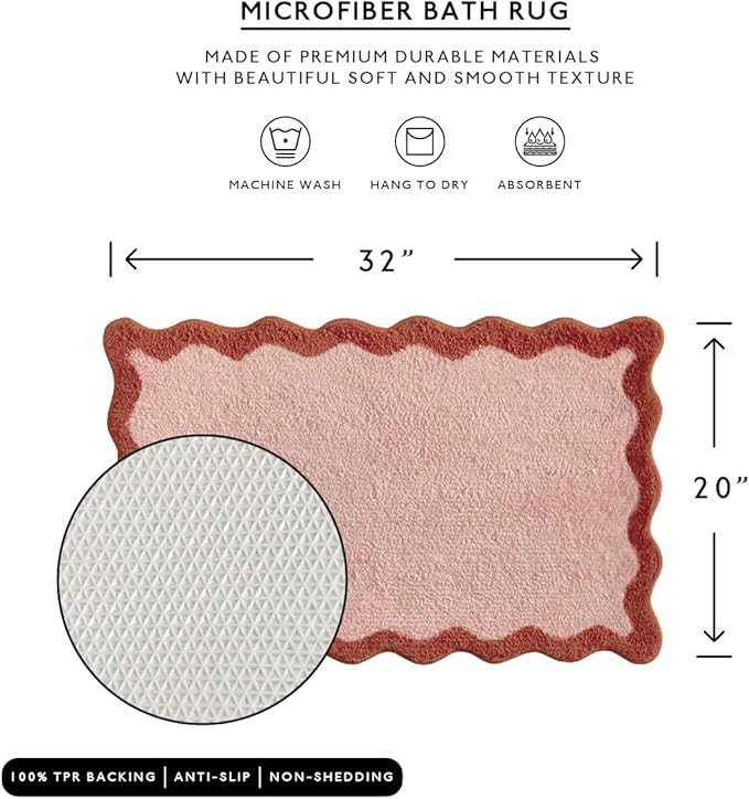 MONDAY MOOSE Bath Mat with Scalloped Wavy Ripple Design, Microfiber Absorbent Non Slip Tufted Rug for Floor, Shower or Kitchen (20x32 inch, Blush)