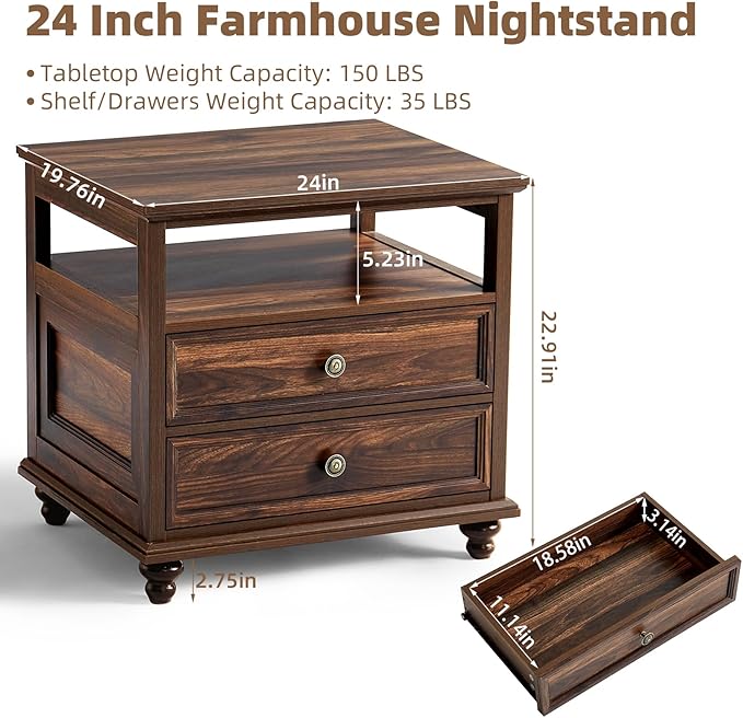 24" Wide Farmhouse Night Stand,Large End Table with 2 Drawers & Metal Handle,Wood Dresser for Bedroom, Brown Bed Side Table Chest of Drawers Cabinet,Nightstand for Living Room,Closet
