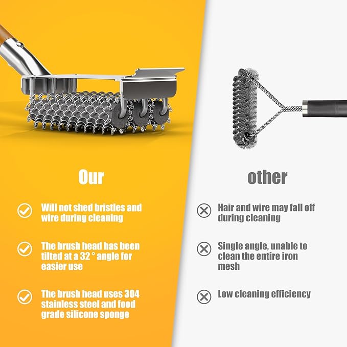 HOUSE AGAIN Grill Brush Bristle Free, 304 Stainless Steel Food-Grade Brush Head with Scraper, Safe BBQ and Grill Grate Cleaner Non Wire, Outdoor Grill Cleaning Brush w/Wooden Handle Gift for Men/Dad