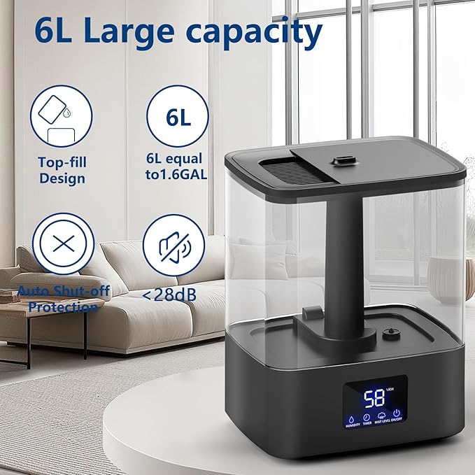 KZF 6L Top Fill Humidifiers for Bedroom & 60H Runtime - Cool Mist Humidifier, 3 Mist Levels, 8H Timer, Essential Oil Tray, Humidity Display, Quiet for Bedroom, Baby, Plants, Large Room