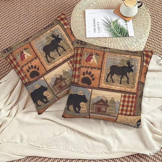 BETGINY Western Pillows Cover 20X20 Inch Pack of 2, Rustic Wildlife Cabin Bear Deer Throw Pillows Cover Linen Square Cushion Animal Pillowscase for Bedroom Home Sofa Decoration