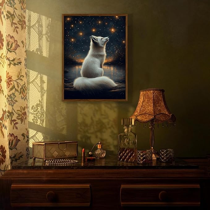 Djmwtb White Fox Framed Wall Art Starry Night Canvas Wall Art Nature Landscape Art Prints Woodland Animal Pictures Painting Wall Decor Artwork for Living Room 8x10in
