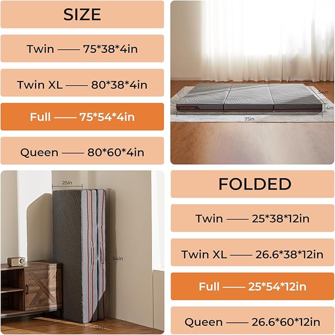 Sweetnight Trifolding Mattress with Storage Bag - 4 Inch Grey Full Size Memory Foam Mattress with Washable Cover | Foldable Memory Foam Topper Portable for RV, Travel, Guest Bed