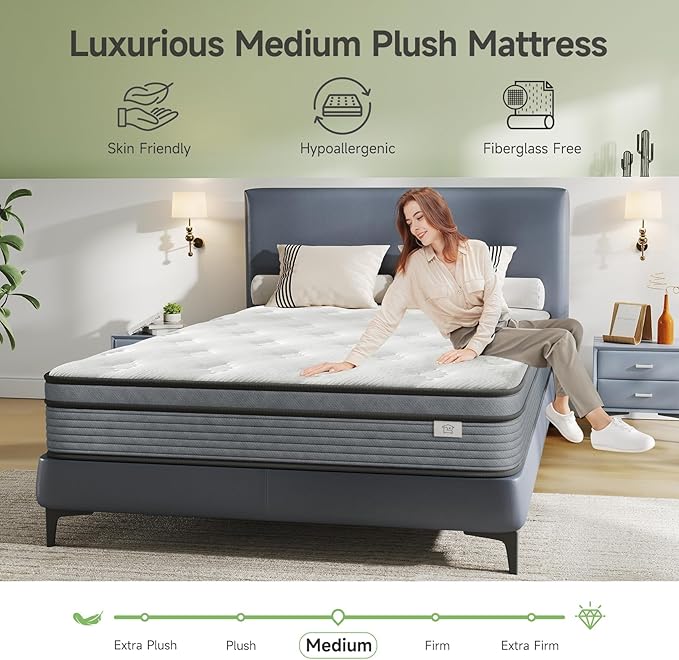 Queen Mattress 10 Inch, Hybrid Mattress Plush in a Box, Individual Pocket Spring Queen Size Bed with Breathable Memory Foam, Pressure Relief, Medium Firm Back Support for Adults