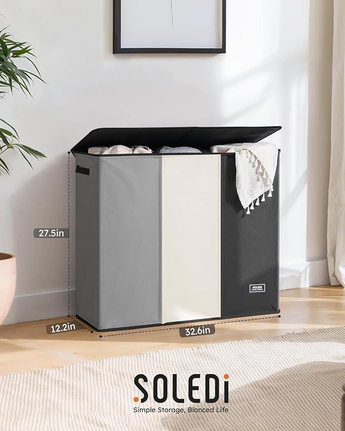 SOLEDI Laundry Hamper 3 Section with Lid and 3 Pcs Laundry Bag, Large Hamper 3 Compartment 180L, Basket Sorter for Bedroom Blanket Storage