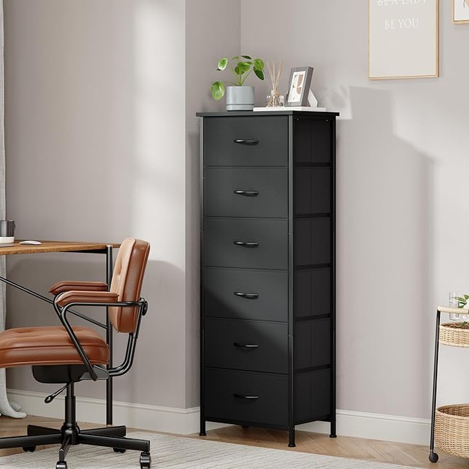 Somdot Tall Dresser for Bedroom with 6 Drawers and Side Pockets, Storage Organizer Chest of Drawers with Fabric Bins for Closet Bedside Nursery Living Room Entryway Hallway, Black