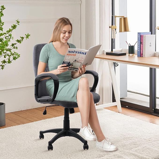 CLATINA Grey Fabric Office Chair Breathable Executive Desk Chairs, Cloth Comfortable Adjustable Height Mid Back Swivel Rolling Computer Task Chair for Home Office, Conference, Study, Work, 2 Pack