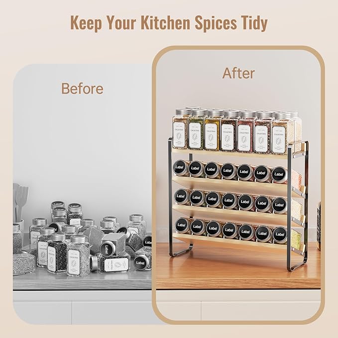 MUDEELA 4 Tier Spice Rack Organizer for Cabinet, Vertical Spice Shelf, Wooden Material, Seasoning Organizer for Countertop, Kitchen, Pantry, Freestanding, 13.4" W × 11.2" H (No Jars Included), Black