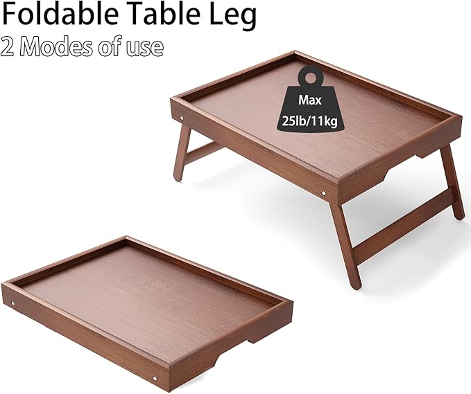Bamboo Bed Tray Table with Foldable Legs Breakfast Tray, Lightweight Laptop Desk for Eating, Reading, Working in Bed or Sofa – Portable Lap Desk with Handles, Perfect for Home - Brown