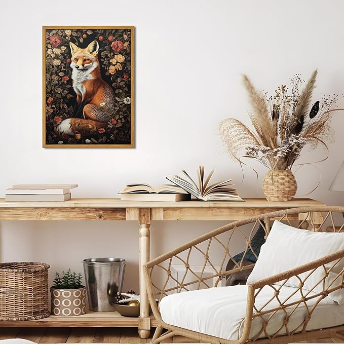 Djmwtb William Morris Framed Wall Art Fox Canvas Wall Art Prints Vintage Animal Painting Boho Flower Floral Botanical Pictures Artwork for Living Room Bedroom Office 12x16in