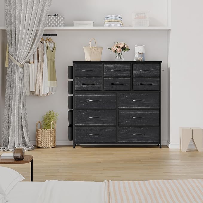 Dresser for Bedroom with 12 Drawers, Tall Dresser Chest of Drawers with 5 Side Pockets and Hooks, Wooden Top Fabric Dresser Storage Tower for Closet, Hallway, Living Room, Black