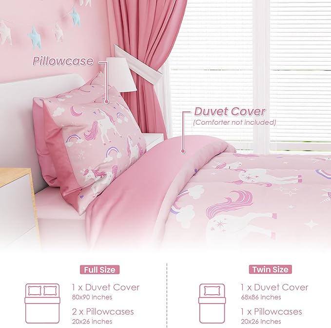 SANDJEST Unicorn Duvet Cover Sets Full Size for Kids Girls, Incude 1 Polyester Comforter Cover 80x90 Inches and 2 Pillowcases 20x26 Inches, Comforter Not Included, Gift for Christmas Birthday