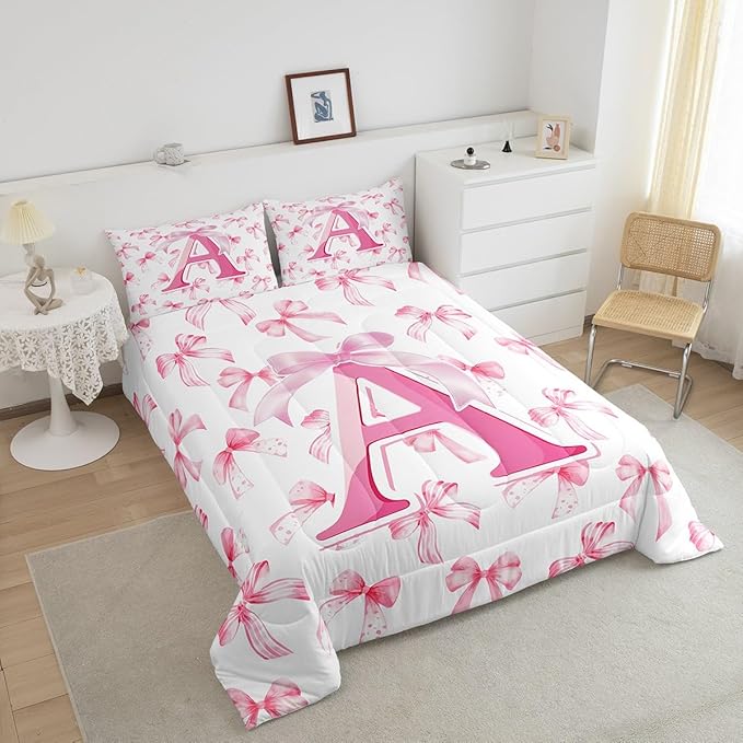 jejeloiu Kids Girls Cute Pink Bow Comforter Set Queen Size Monogrammed Bedding Set Ultra Soft Personalized Initial A Duvet Quilt Coquette Bow Knot Quilt Set Room Decor Modern Fashion Comforter
