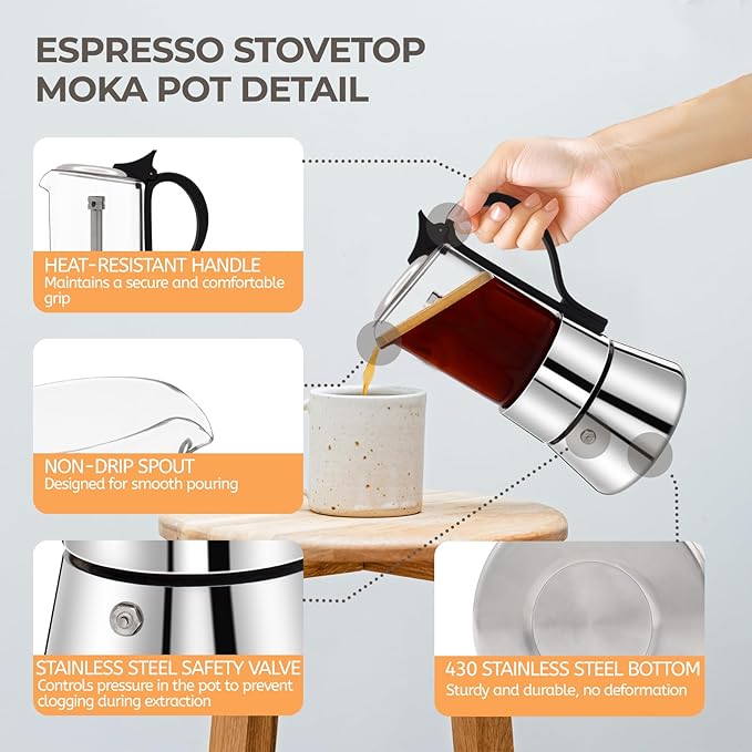 Clear Glass Moka Pot 6 Cup 350ml Stainless Steel Coffee Maker Uncoated Stovetop Espresso Percolator Coffeemaker Italian Classic Style Brewing Greca Cafe Mocha Machine for Cafeteras Camping Travel Home