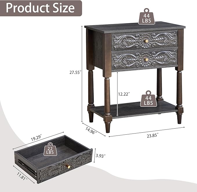 Nightstand, Farmhouse Bedside Table with 2 Drawers and Open Shelf, Wood Sofa Side Table End Table Accent Dresser for Bedroom, Living Room (with Shelf, Grey)