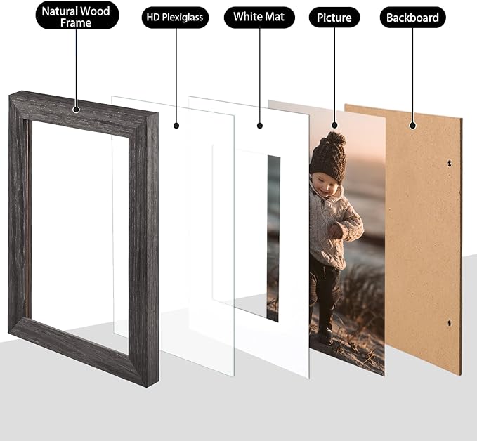KINLINK A4 Picture Frame, Ash Black Solid Wood Frames with Acrylic Plexiglass for Pictures A5 with Mat or A4 without Mat, Tabletop and Wall Display Photo Frame 4 Pack