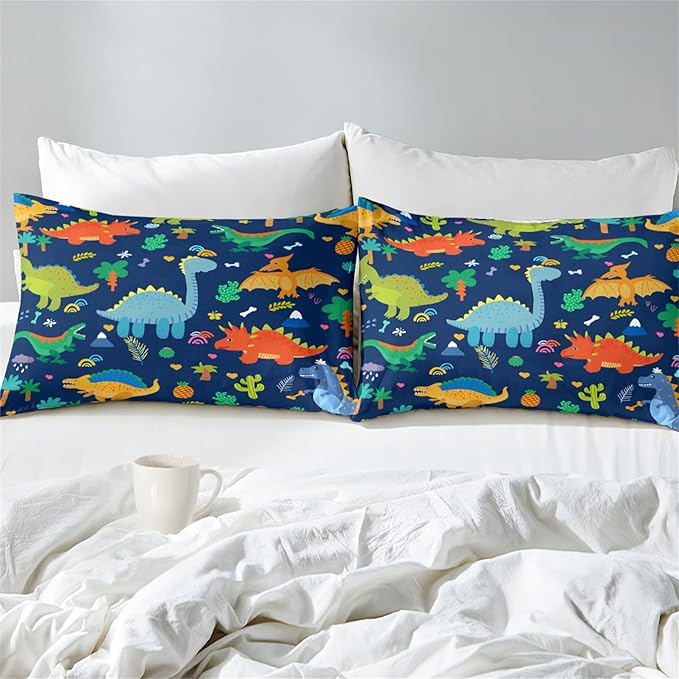Cute Blue Dinosaur Comforter Set for Kids Teens - Queen Size, Soft Breathable All Season Quilt 3Pcs with 2 Pillowcases