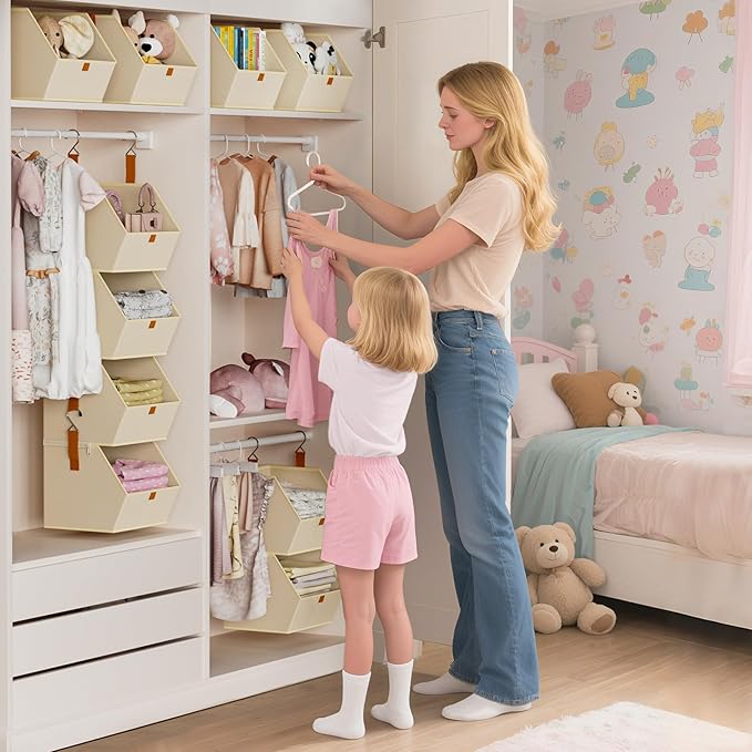 Hanging Closet Organizer 4 Tier - Clothes Hanging Shelves, Space-Saving Closet System, Fabric Storage Bins Bedroom Organization, Collapsible Baskets for Home, Dorm, Rv, Beige, 2 Pack