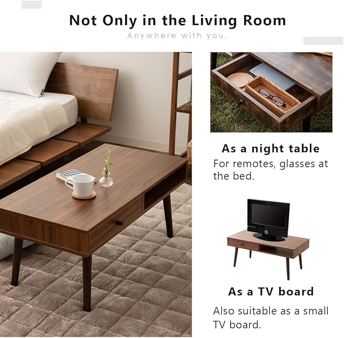 EMOOR Wood Coffee Table with Storage Rectangle Stone Gray, Floor Sitting Low Table Small Space Minimalist Japanese Tatami Room