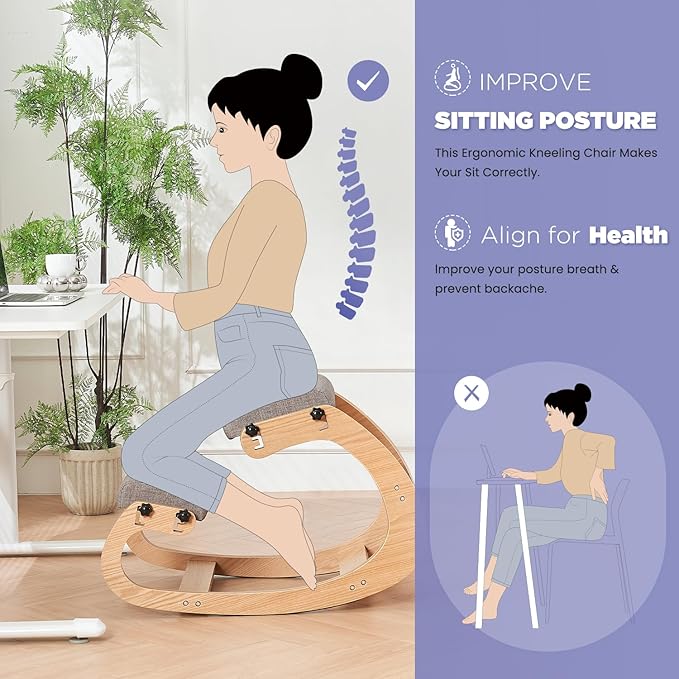 Ergonomic Kneeling Chair,Adjustable Rocking Knee Chair for Home Office,Wooden Office Chair for Back Pain Relief,Grey